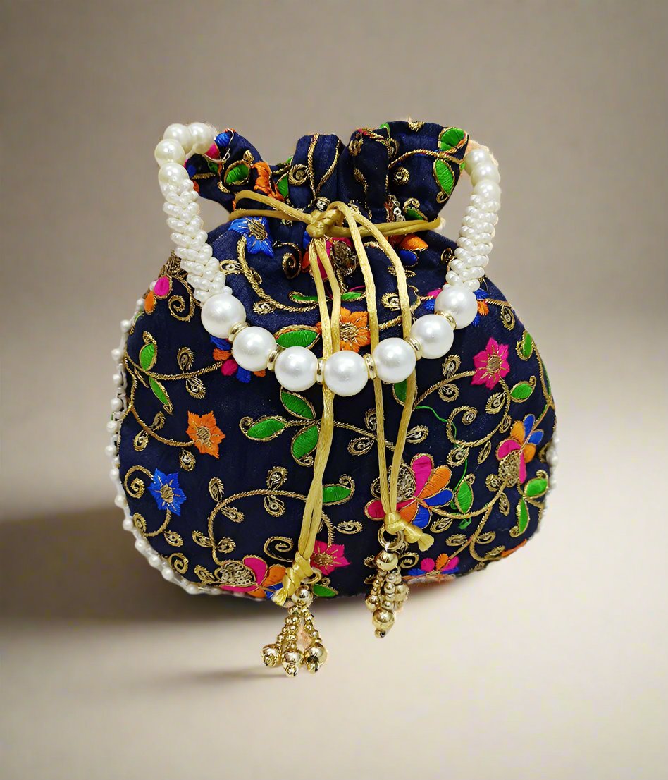 Navy Blue Embroidered Potli | Peepal Clothing