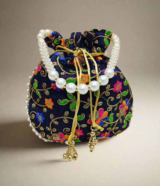 Navy Blue Embroidered Potli | Peepal Clothing