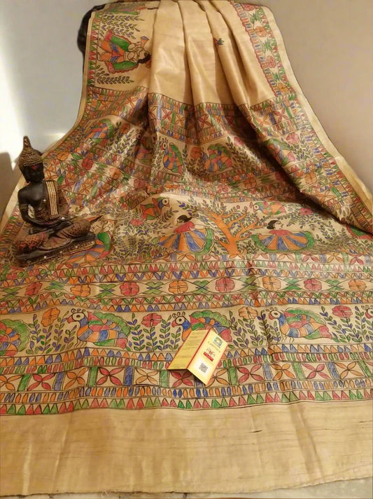 Shop Nritya Madhubani Hand Painted Pure Desi Tussar Silk Saree Online at www.peepalclothing.com