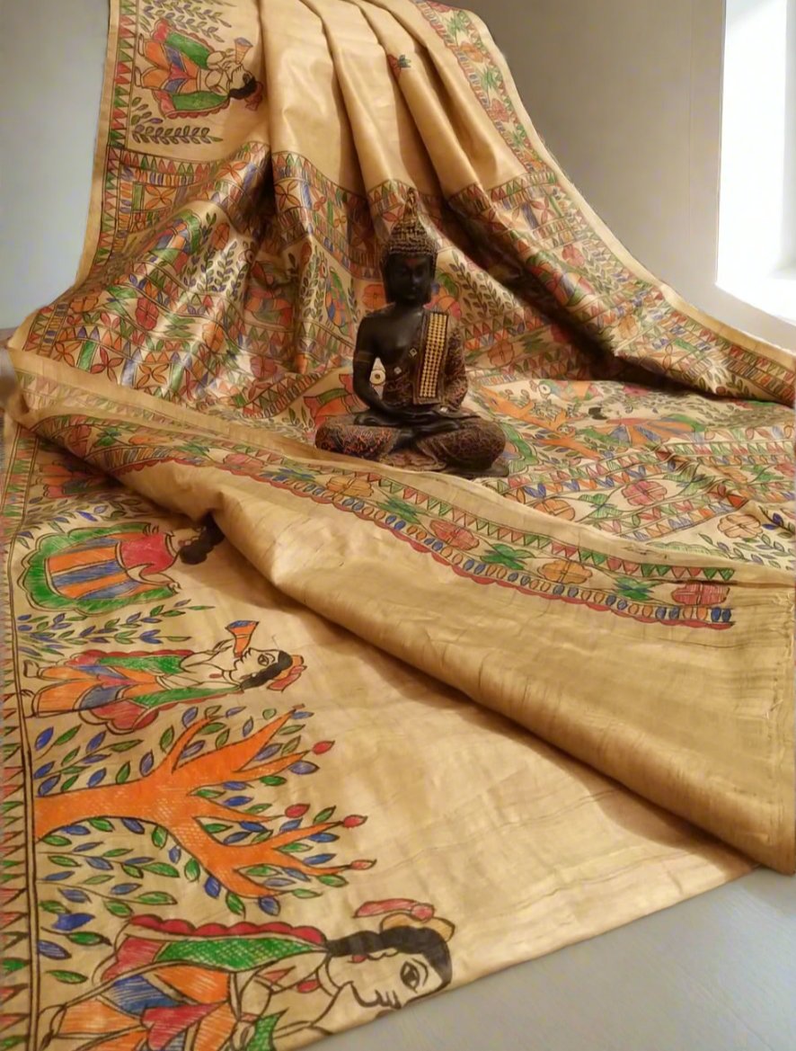 Shop Nritya Madhubani Hand Painted Pure Desi Tussar Silk Saree Online at www.peepalclothing.com