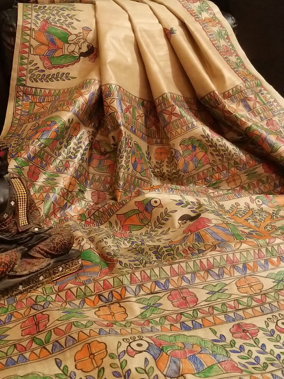 Shop Nritya Madhubani Hand Painted Pure Desi Tussar Silk Saree Online at www.peepalclothing.com