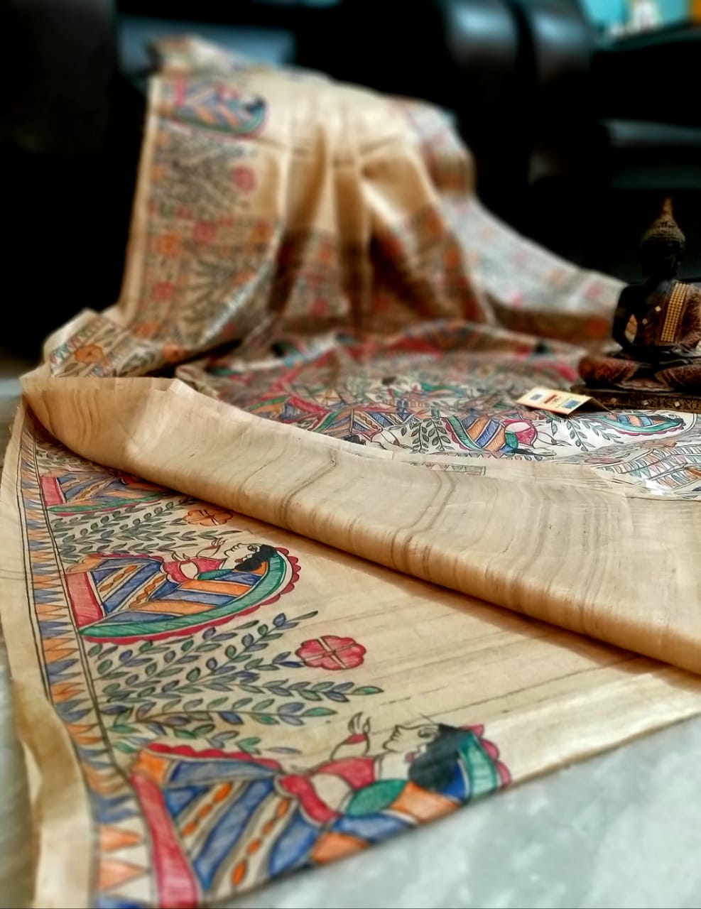 Shop Nritya Madhubani Hand Painted Pure Desi Tussar Silk Saree Online at www.peepalclothing.com