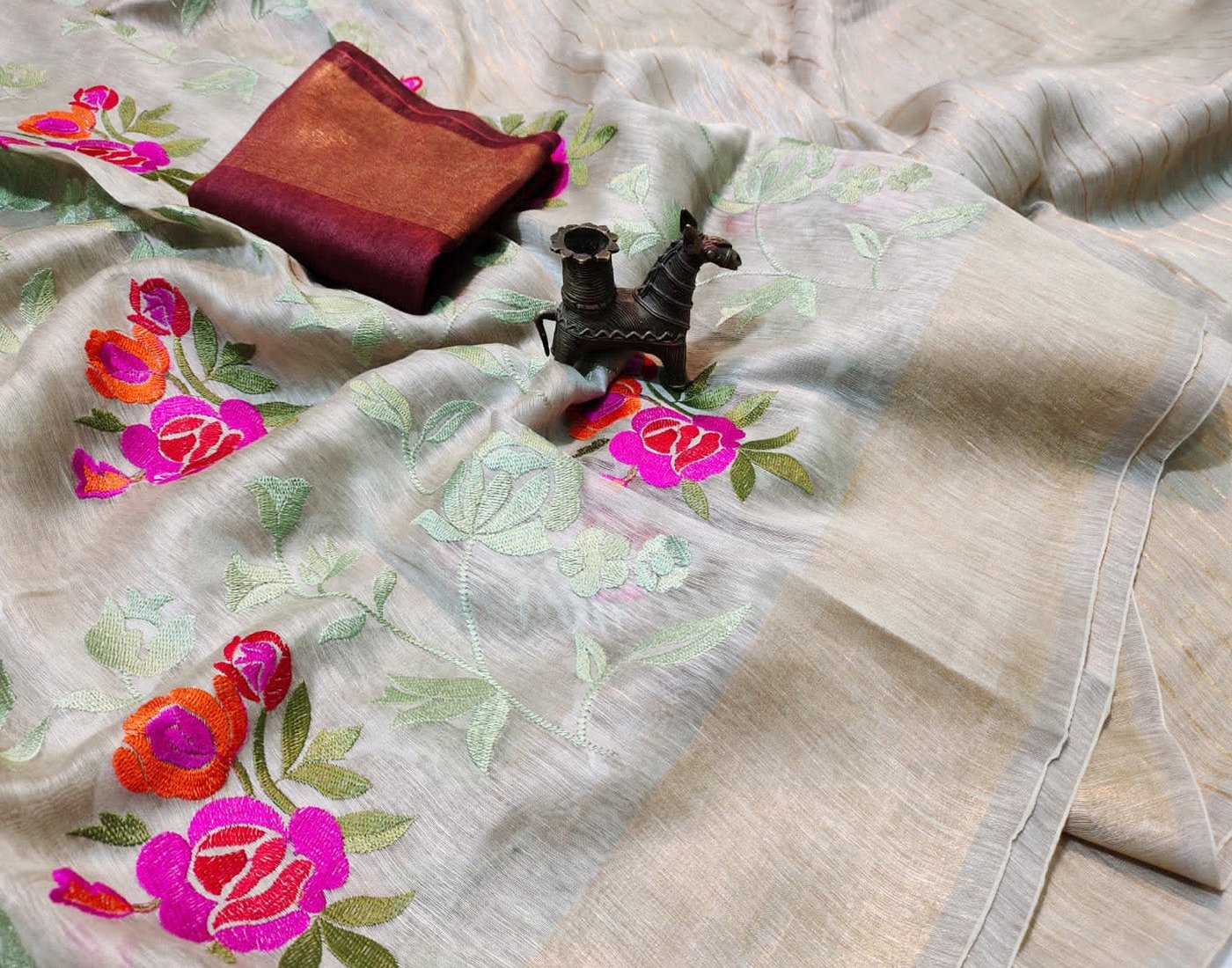 Off-white Embroidered Silk Linen Saree|Peepal Clothing