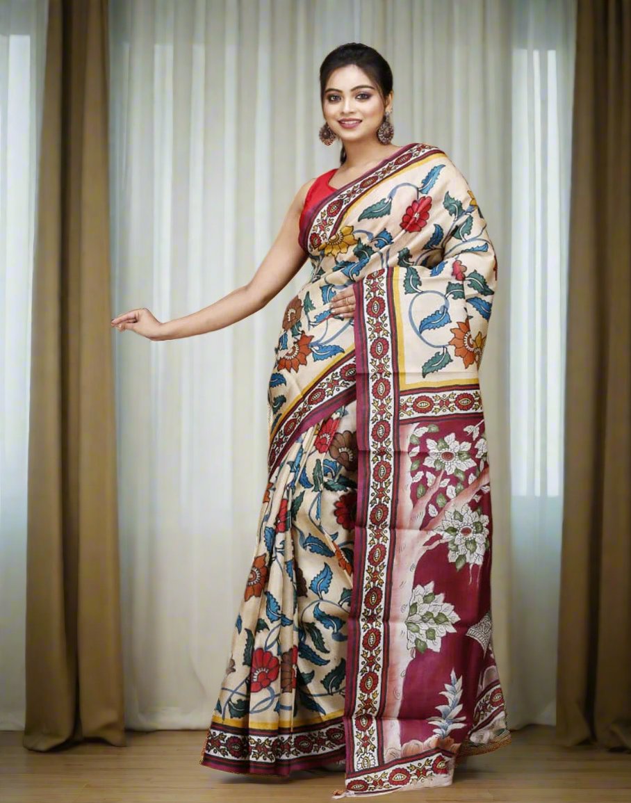 Off-white Floral Motif Kalamkari Silk Saree| Peepal Clothing
