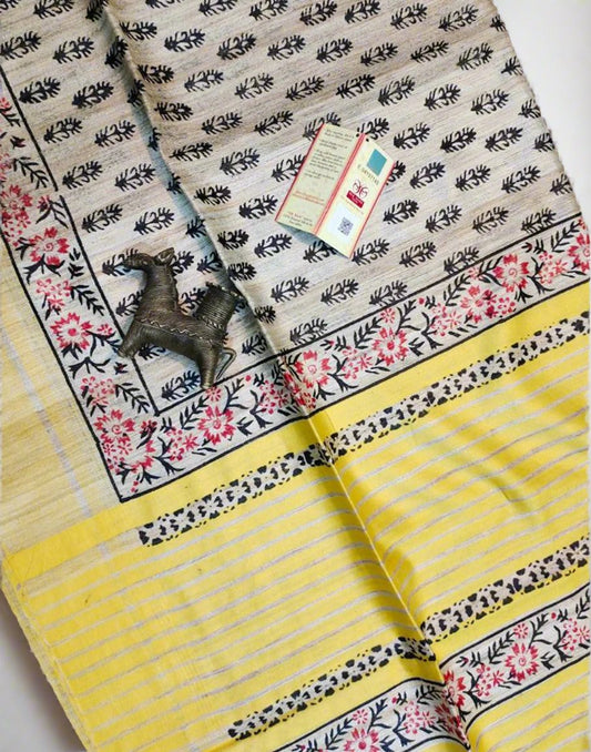 Off-white Floral Printed Tussar Ghicha Silk Saree| Peepal Clothing