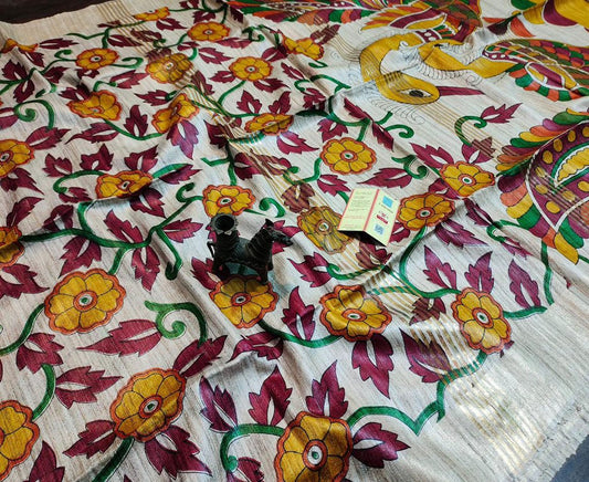 Off-white Floral Printed Tussar Ghicha Silk Saree with Zari Border | Peepal Clothing