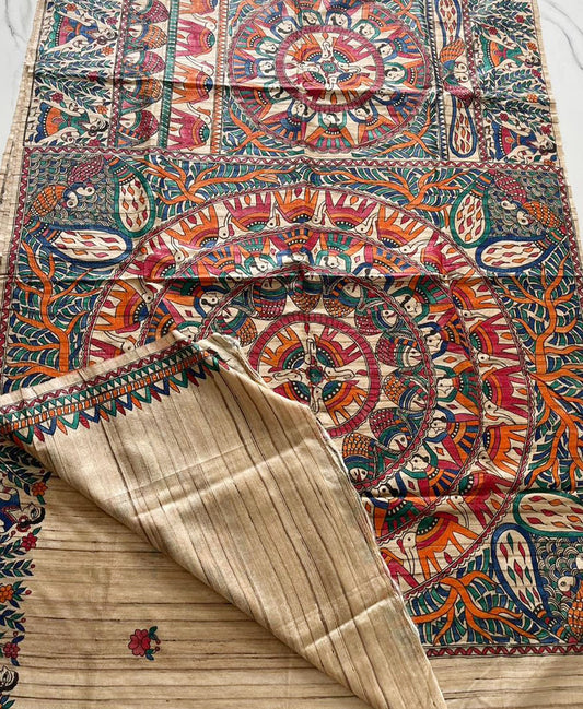 Off-white Half & Half Madhubani Hand Painted Pure Tussar Ghicha Silk Saree | Peepal Clothing