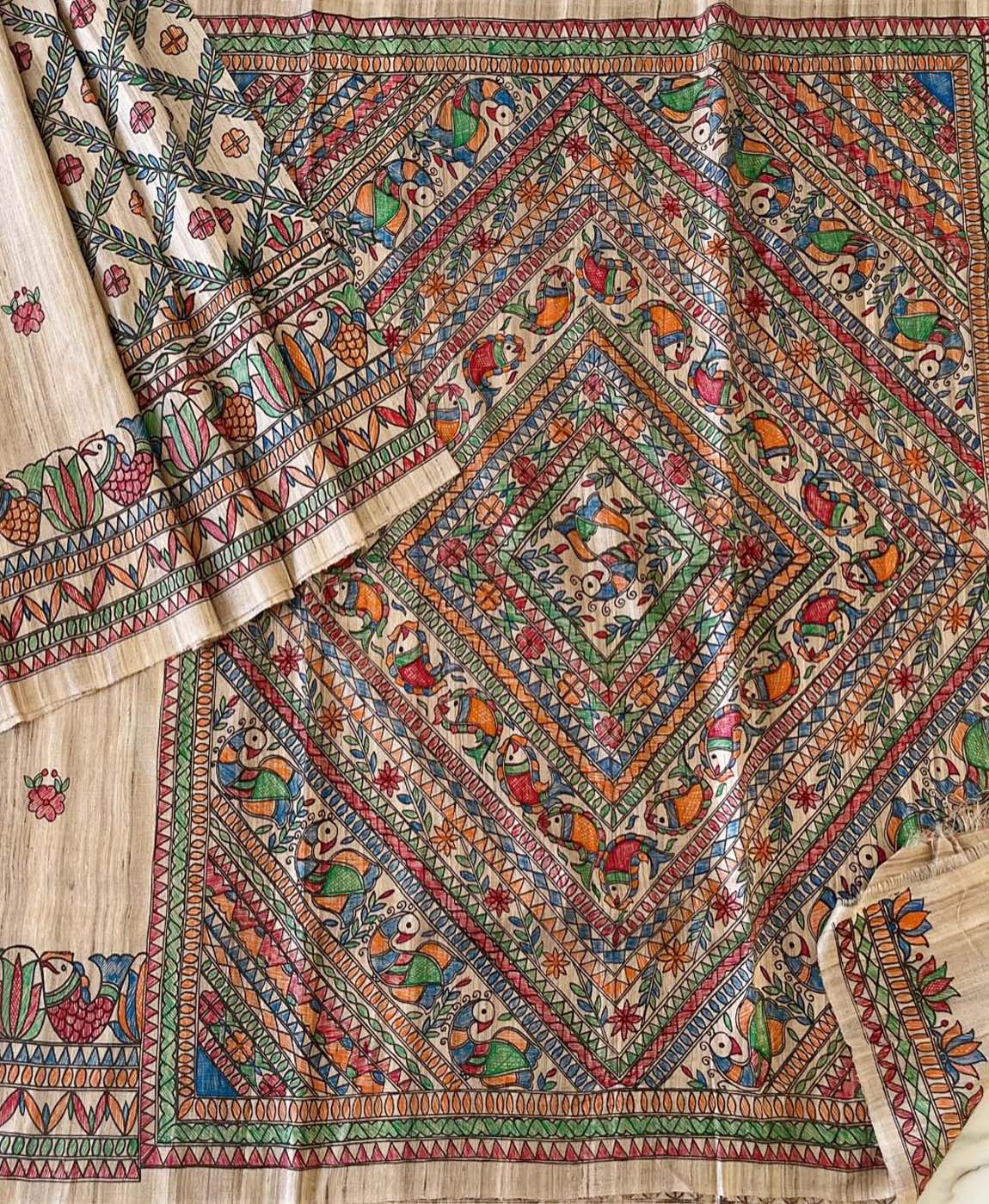 Off-white Madhubani Hand Painted Geometrical Pallu Tussar Ghicha Silk Saree | Peepal Clothing