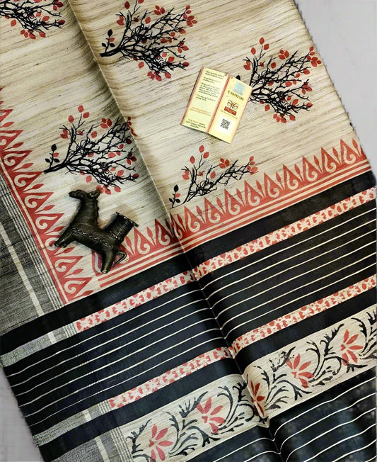 Off-white Printed Tussar Ghicha Silk Saree| Peepal Clothing