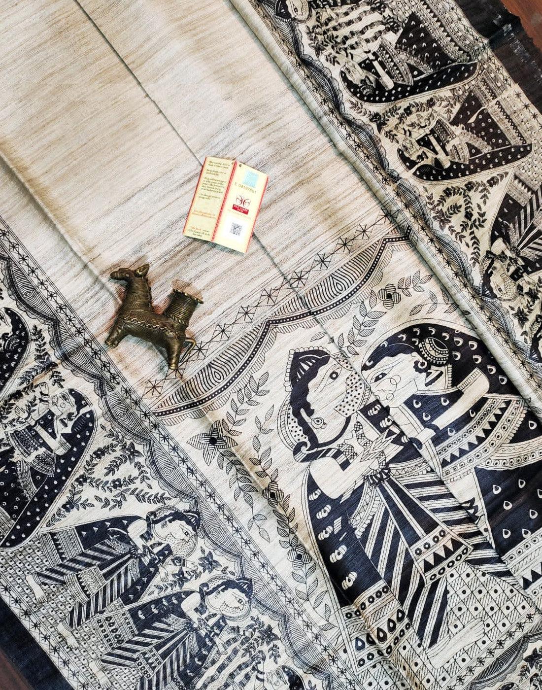 Off-white Radha-Krishna Motif Tussar Ghicha Madhubani Printed Silk Saree| Peepal Clothing
