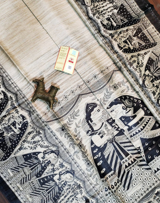 Off-white Radha-Krishna Motif Tussar Ghicha Madhubani Printed Silk Saree| Peepal Clothing