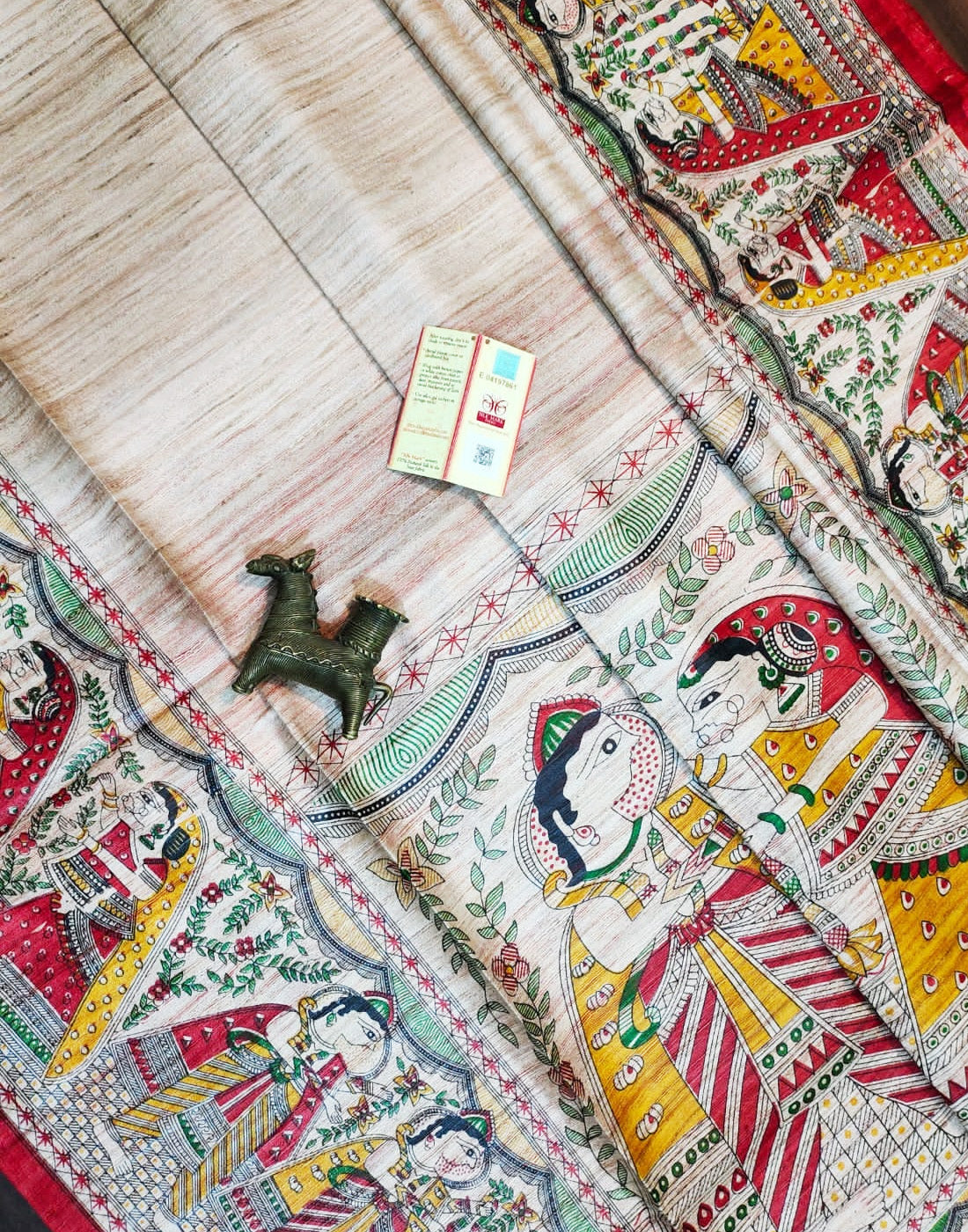 Off-white Radha-Krishna Motif Tussar Ghicha Printed Silk Saree| Peepal Clothing