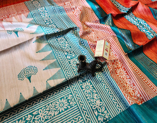 Off-white and Blue Printed Tussar Ghicha Silk Saree with Zari Border| Peepal Clothing