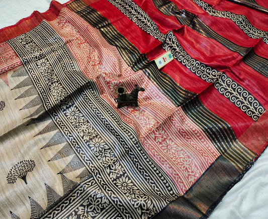 Off-white and Red Printed Tussar Ghicha Silk Saree with Zari Border | Peepal Clothing