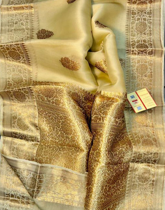 Off White Banarasi Pure Khaddi Organza Silk Saree | Peepal Clothing