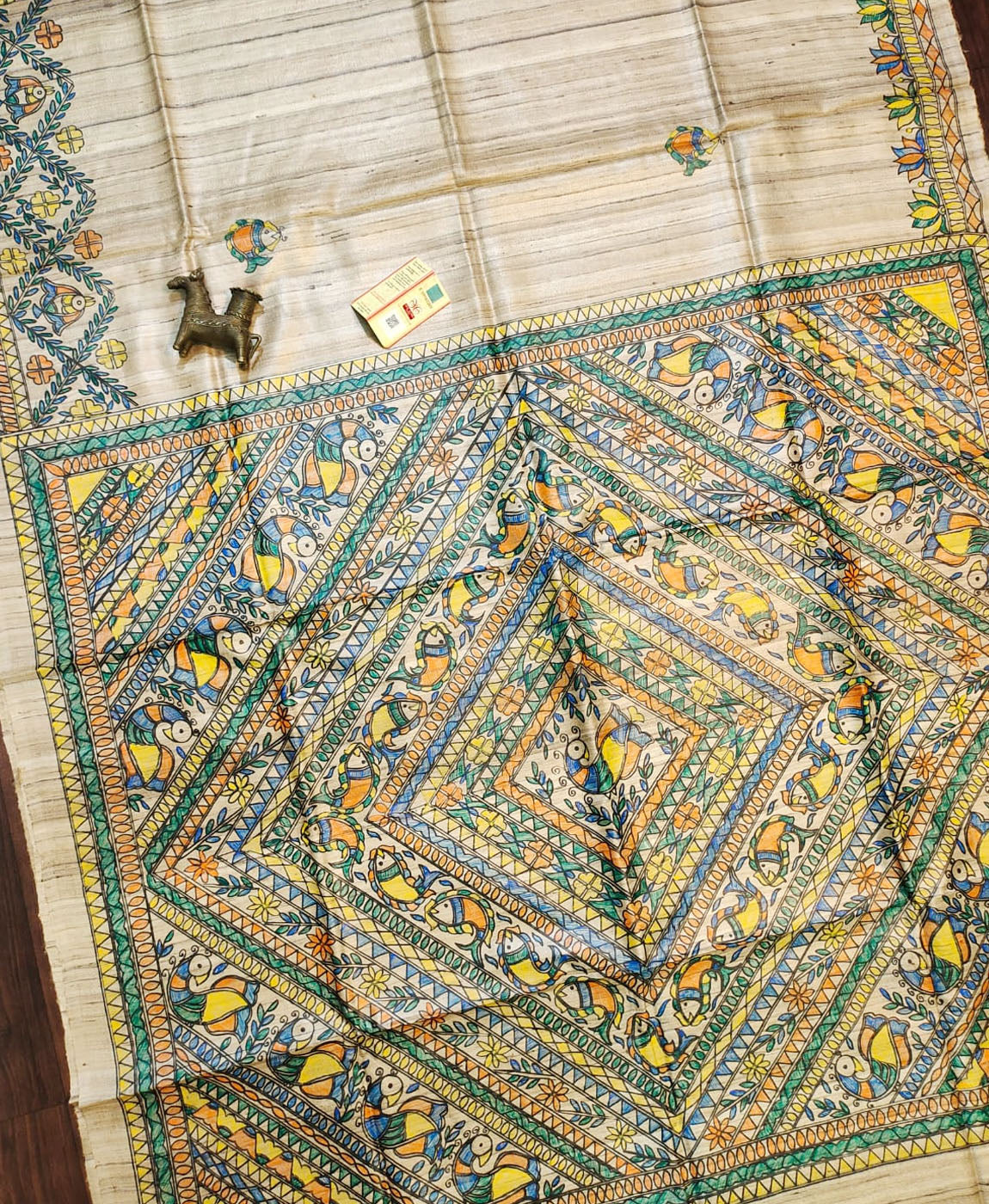 Off White Madhubani Hand Painted Pure Tussar Ghicha Silk Saree | Peepal Clothing