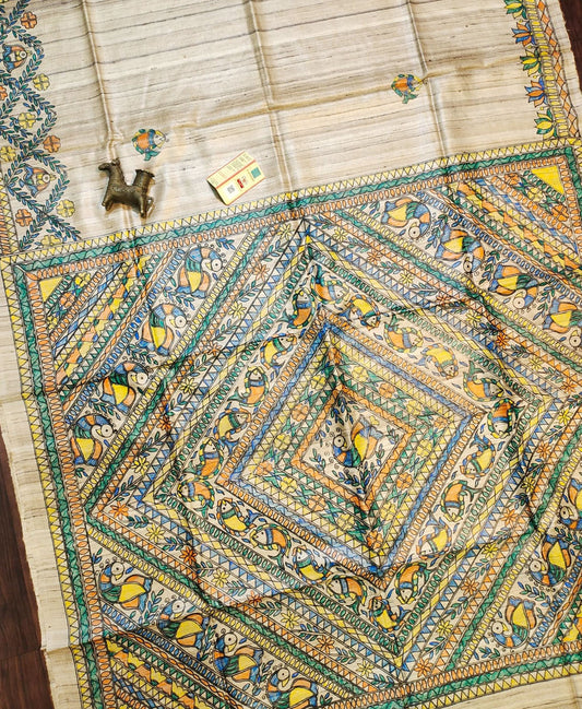 Off White Madhubani Hand Painted Pure Tussar Ghicha Silk Saree | Peepal Clothing