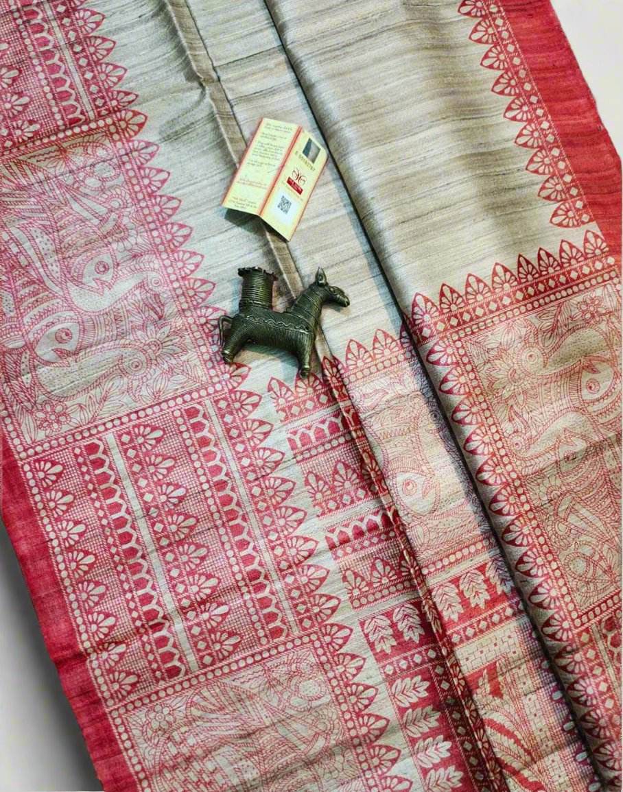 Off-white Madhubani Printed Silk Saree with red border| Peepal Clothing