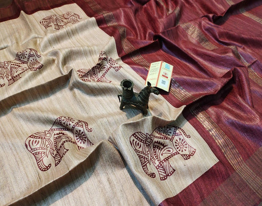 Off-white Printed Tussar Ghicha Silk Saree with Zari Border| Peepal Clothing