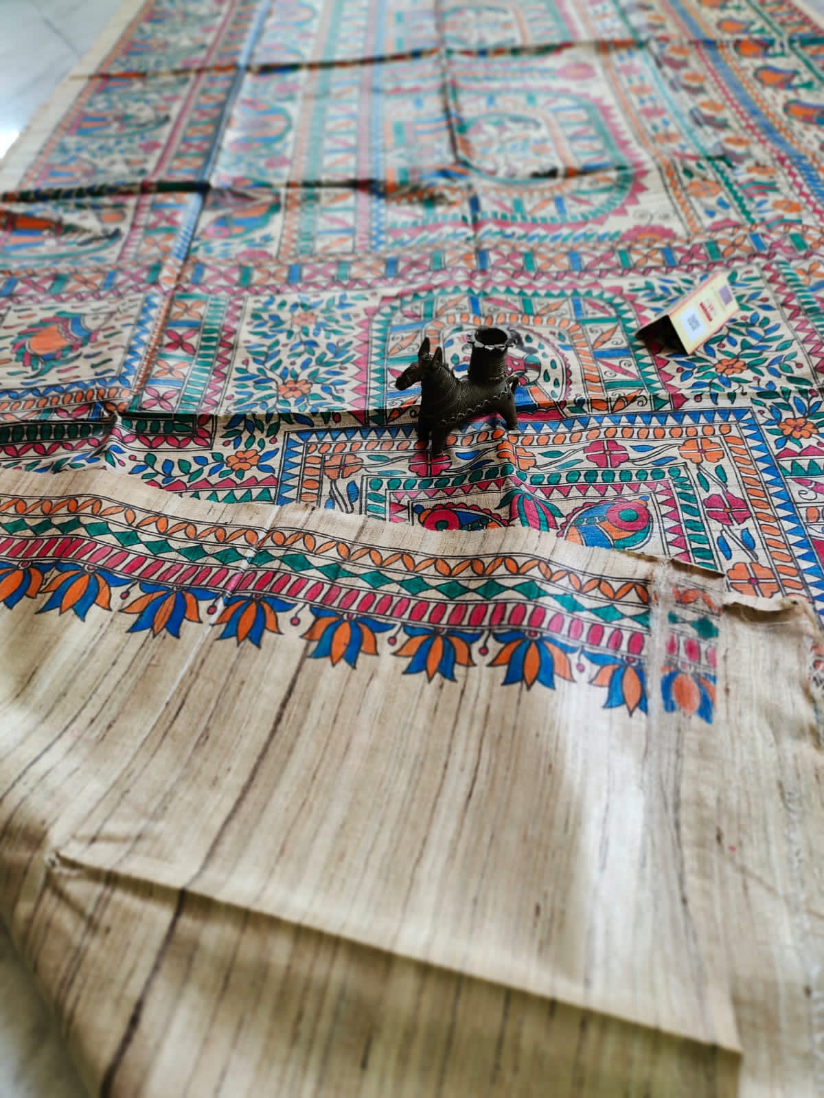 Okhali Motifs Madhubani Hand Painted Desi Tussar Silk Saree