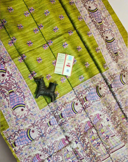 Olive-green Tussar Ghicha Madhubani Printed Silk Saree| Peepal Clothing