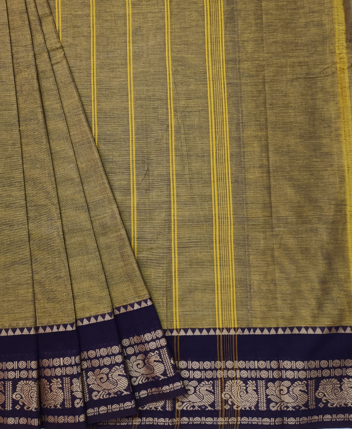 Olive Double Border Chettinad Cotton Saree | Peepal Clothing