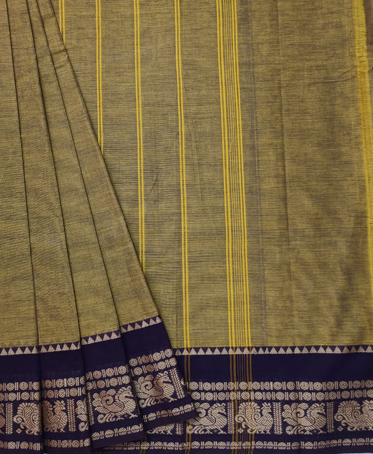 Olive Double Border Chettinad Cotton Saree | Peepal Clothing
