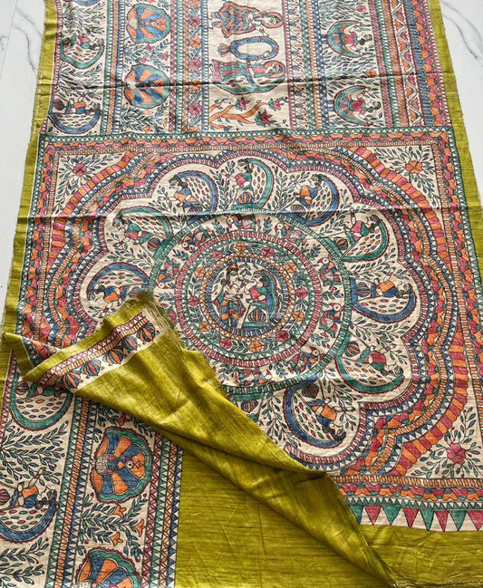 Olive Half & Half Madhubani Hand Painted Pure Tussar Ghicha Silk Saree | Peepal Clothing