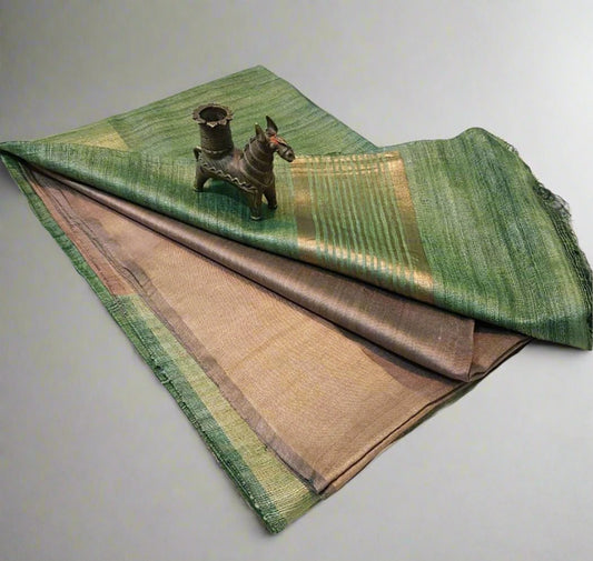 Olive brown Korean tussar ghicha pallu saree with staple body and Zari border| Peepal Clothing