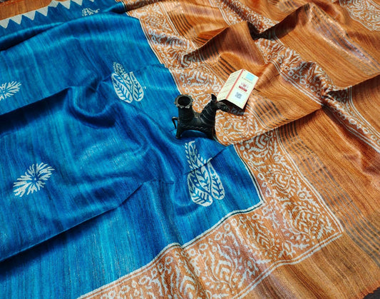 Orange and Blue Tussar Ghicha Printed Silk Saree| Peepal Clothing