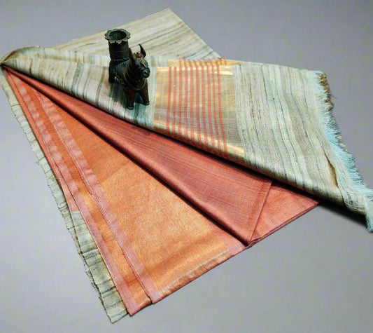 Orange-Natural Korean Tussar Ghicha Silk Saree| Peepal Clothing