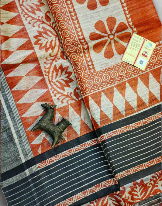 Orange Abstract Printed Tussar Ghicha Silk Saree| Peepal Clothing