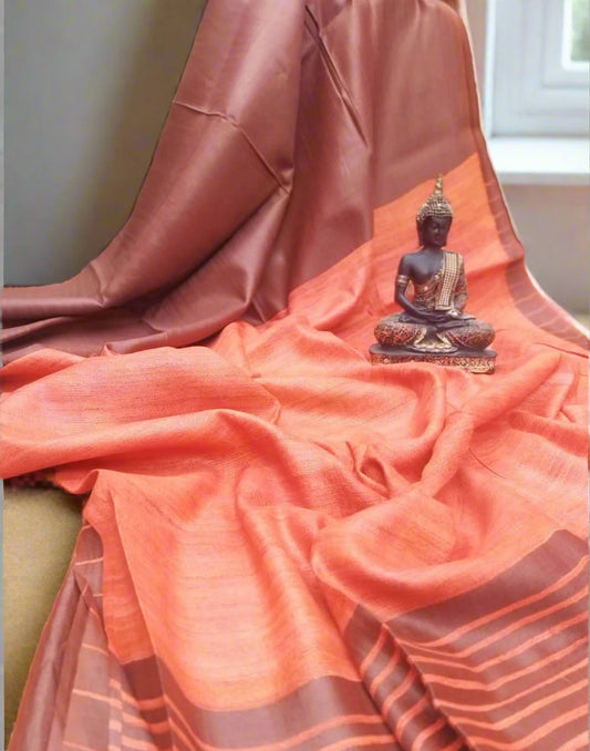Orange Korean tussar ghicha pallu saree with staple body| Peepal Clothing