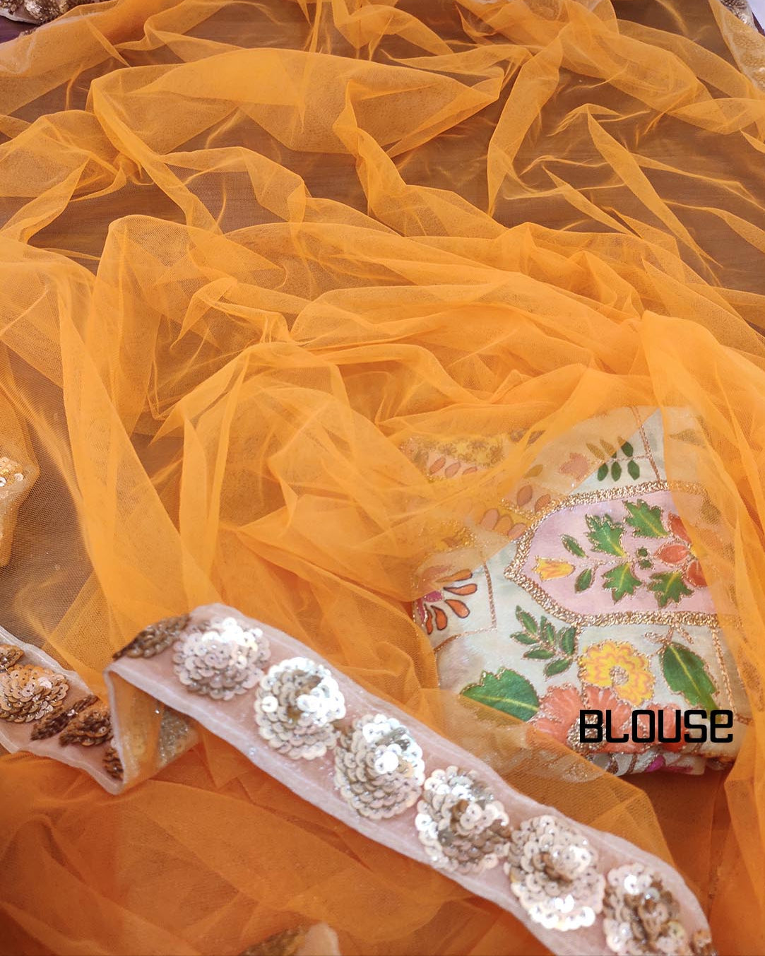 Orange Lace Border Net Saree | Peepal Clothing