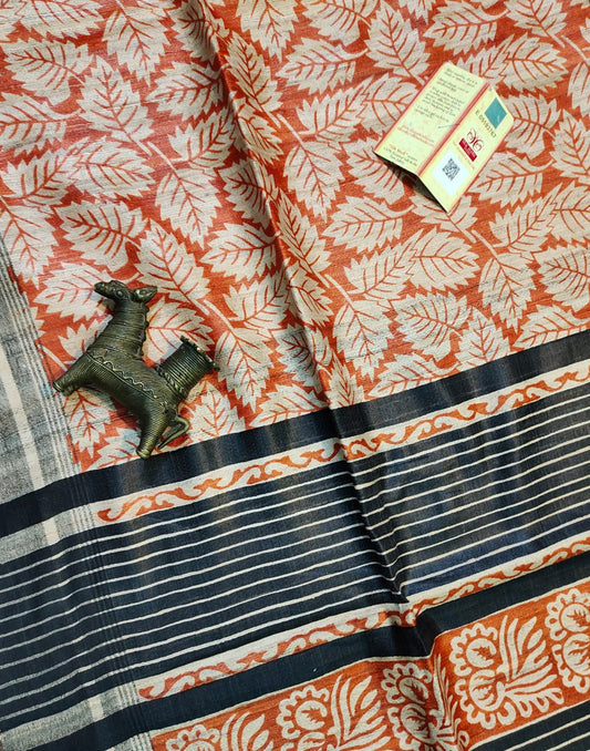 Orange Leaf Printed Tussar Ghicha Silk Saree| Peepal Clothing