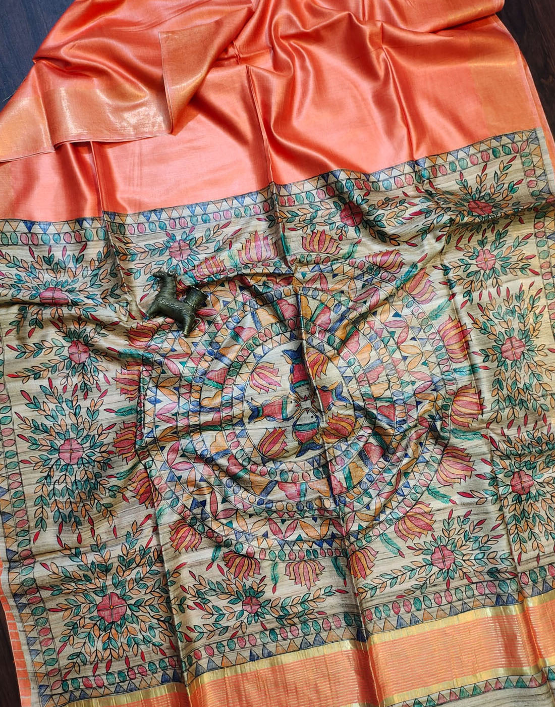 Orange Madhubani Hand Painted Pallu Tussar Ghicha Silk Saree