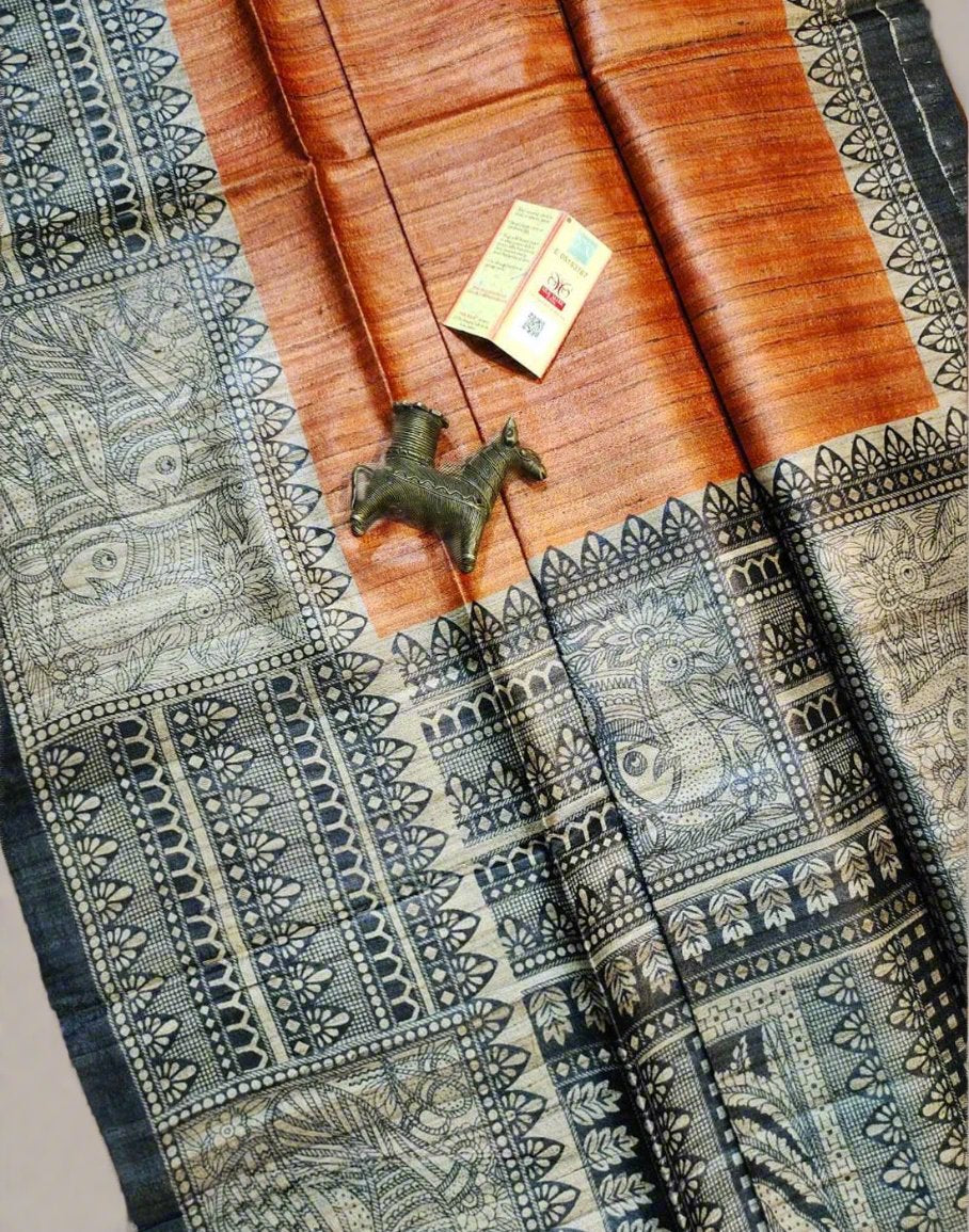 Orange Madhubani Printed Silk Saree| Peepal Clothing