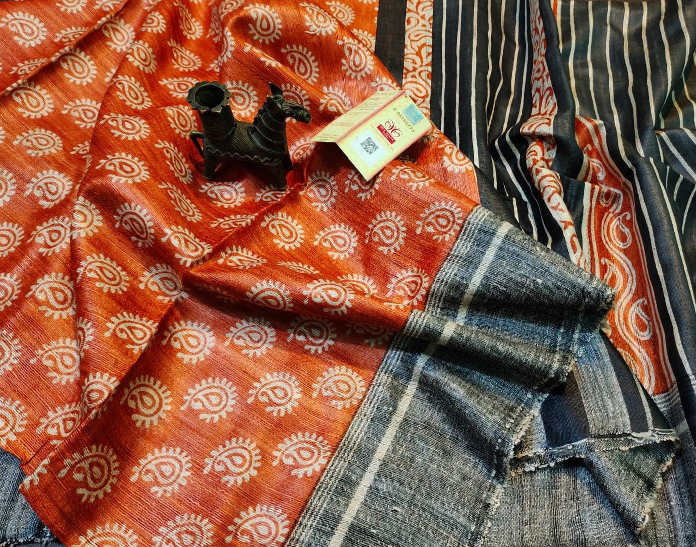 Orange Paisley Printed Tussar Ghicha Silk Saree| Peepal Clothing