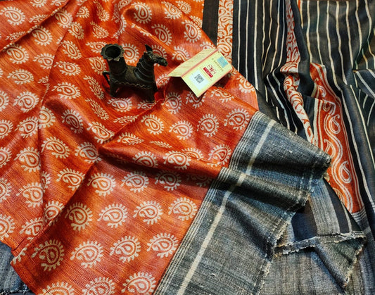Orange Paisley Printed Tussar Ghicha Silk Saree| Peepal Clothing