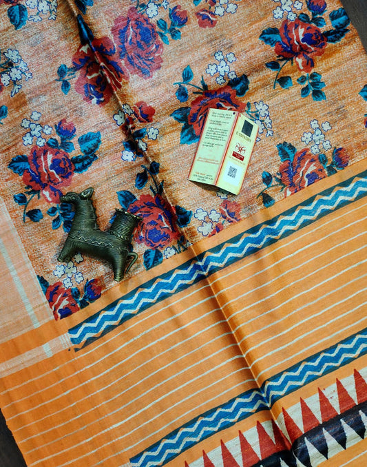 Orange Rose Printed Tussar Ghicha Silk Saree| Peepal Clothing