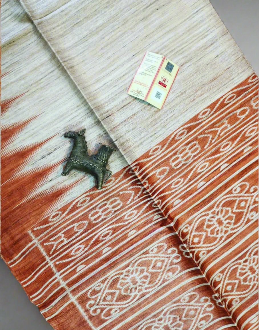Orange Tussar Ghicha Ikkat Printed Silk Saree| Peepal Clothing