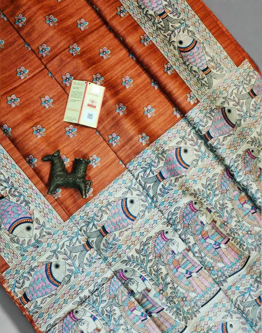 Orange Tussar Ghicha Madhubani Buta Printed Silk Saree| Peepal Clothing