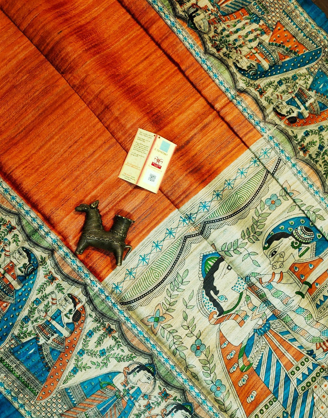 Orange Tussar Ghicha Madhubani Printed Silk Saree| Peepal Clothing