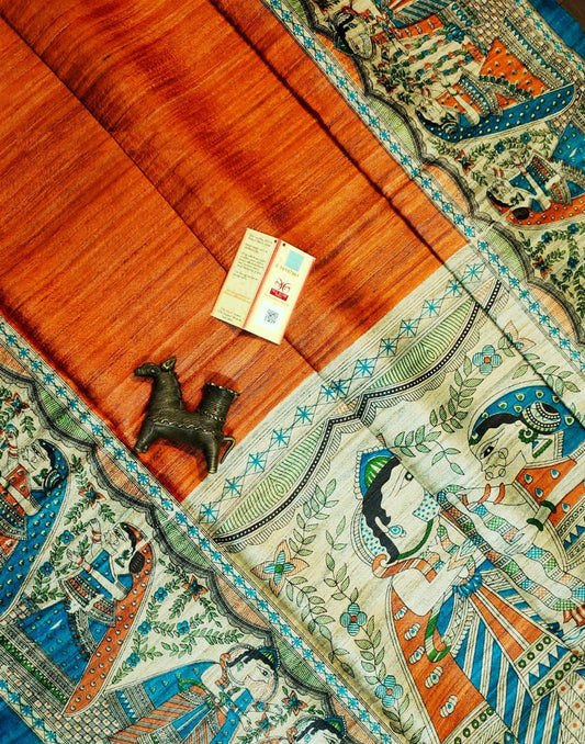 Orange Tussar Ghicha Madhubani Printed Silk Saree| Peepal Clothing