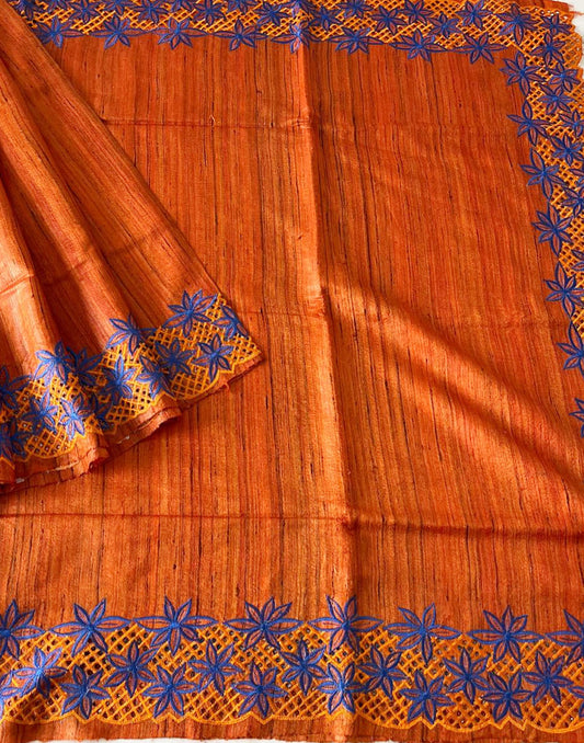 Orange Hand Cutwork Tussar Ghicha Silk Saree | Peepal Clothing