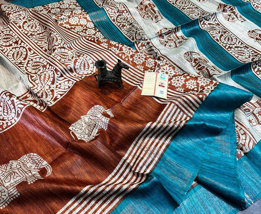 Orange and Blue Printed Tussar Ghicha Silk Saree with Zari Border | Peepal Clothing