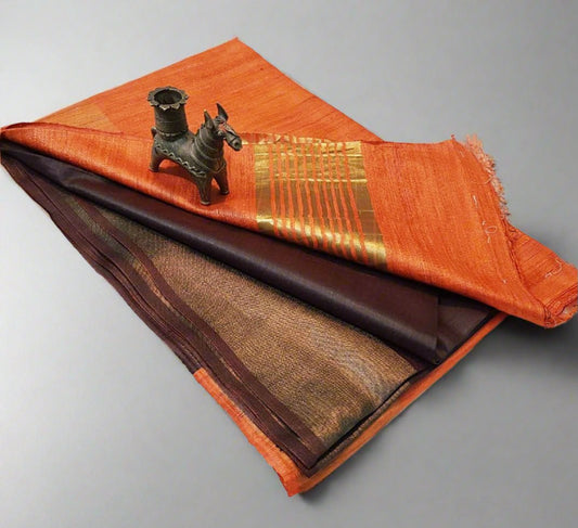 Orange and Brown Korean tussar ghicha pallu saree with staple body and Zari border| Peepal Clothing