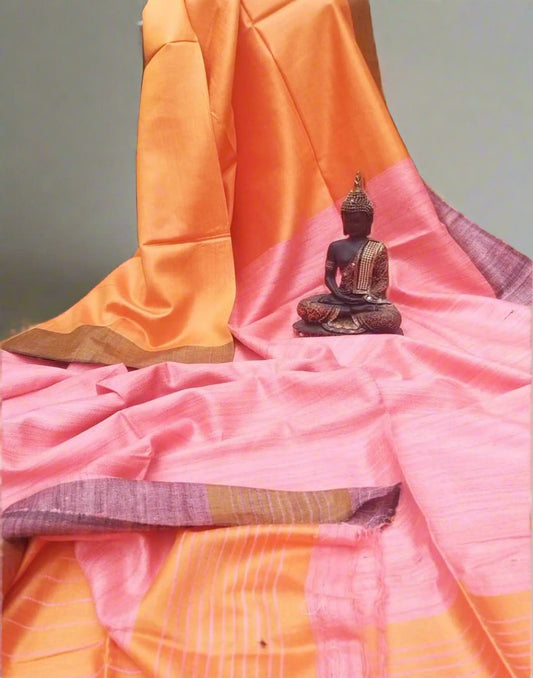 Orange and Pink Korean tussar ghicha saree pallu with staple body| Peepal Clothing