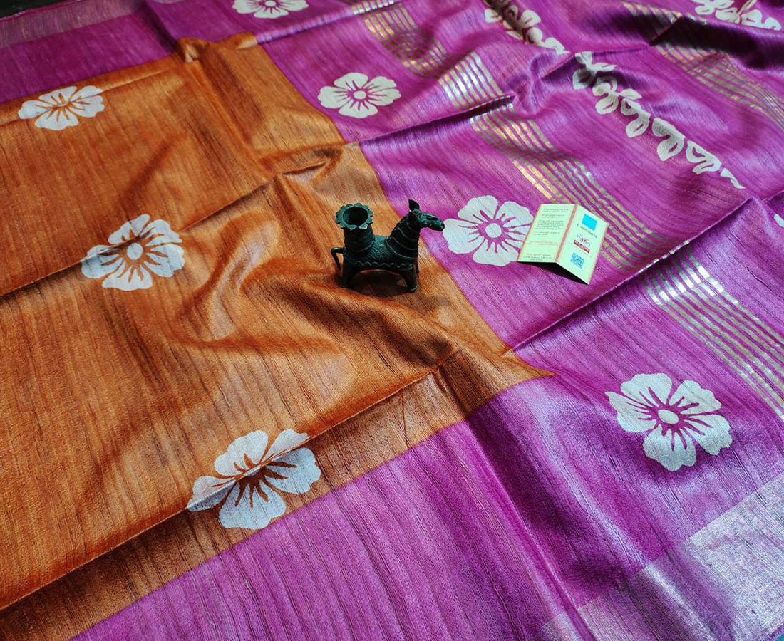 Orange and Purple Printed Tussar Ghicha Silk Saree with Zari Border | Peepal Clothing