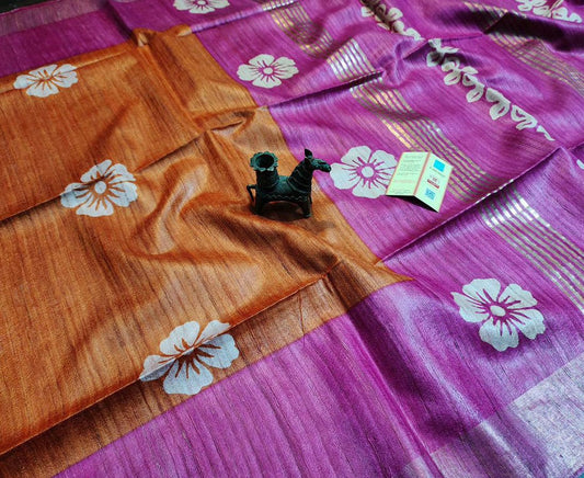 Orange and Purple Printed Tussar Ghicha Silk Saree with Zari Border | Peepal Clothing